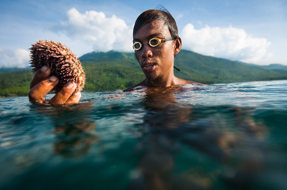 Badjao fisherman with sea urchin Badjao fisherman with sea urchin